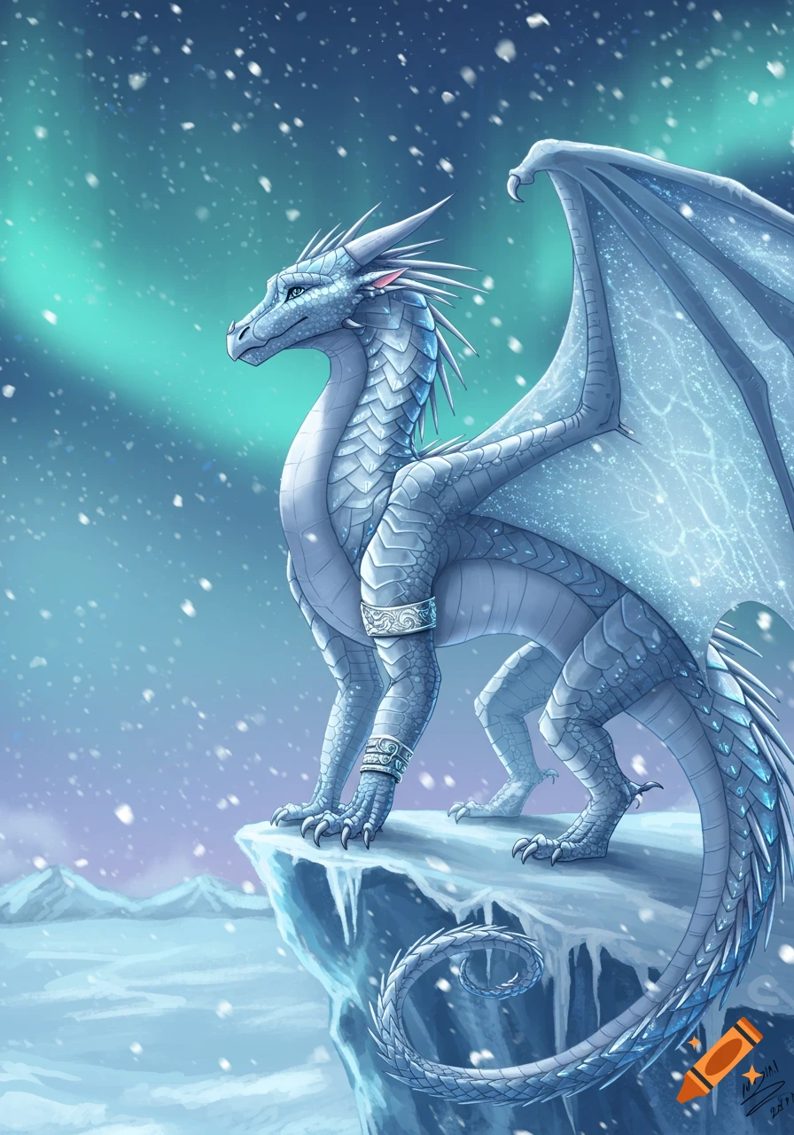 White and blue ice dragon on snowy cliff under aurora borealis, wearing silver bracelets. Fantasy illustration.