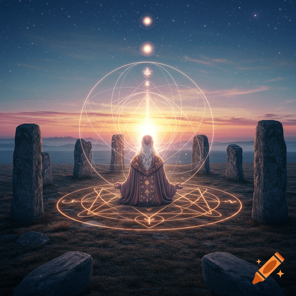 A robed figure meditates within a glowing magical circle surrounded by standing stones under a starry sunset sky.