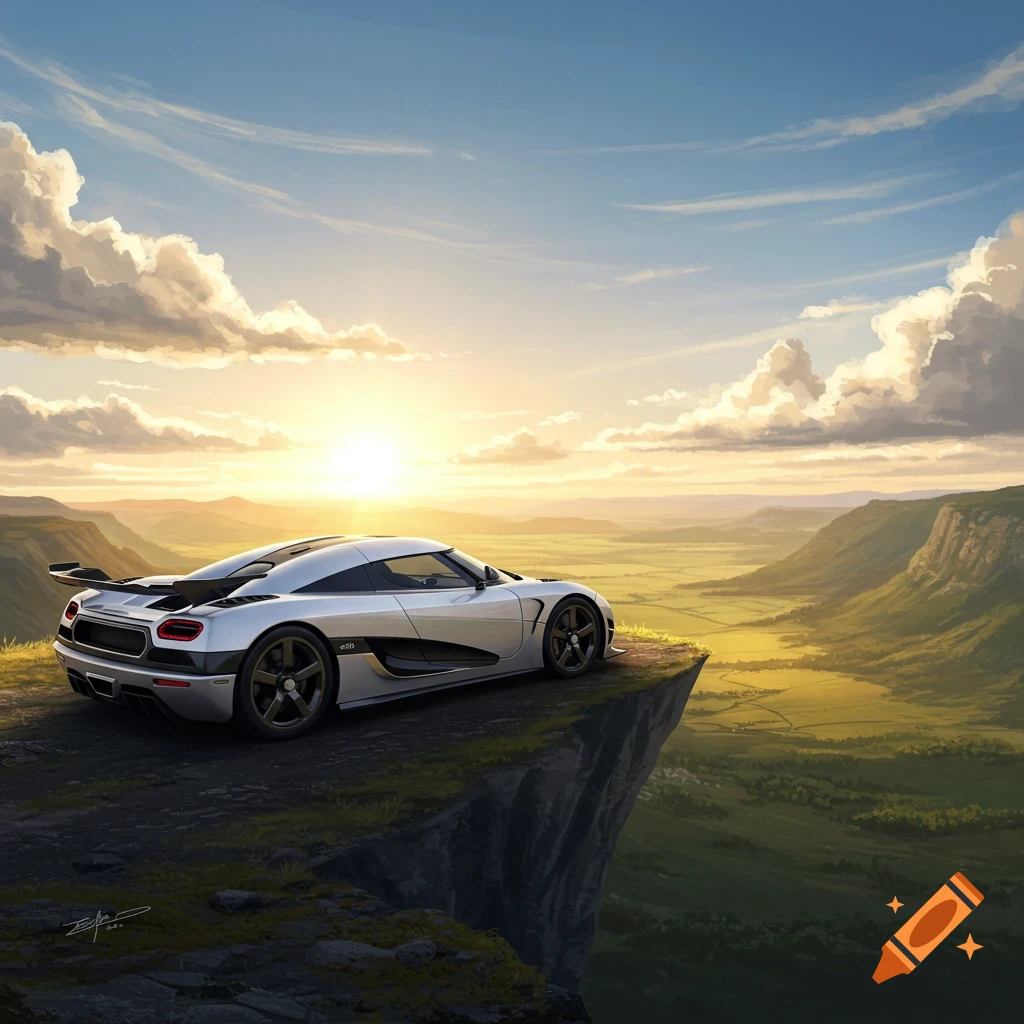 A silver Koenigsegg hypercar parked on a cliff overlooking a vast green valley at sunset under a partly cloudy sky.