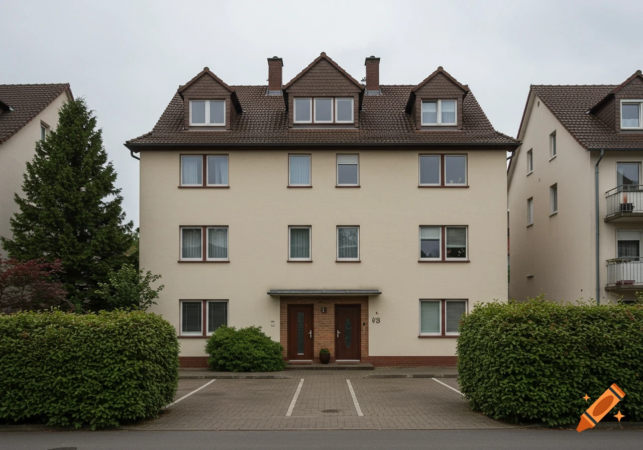 Photorealistic view of a three-story multi-family house with a light facade, brown tiled roof, surrounded by hedges and parking spaces.