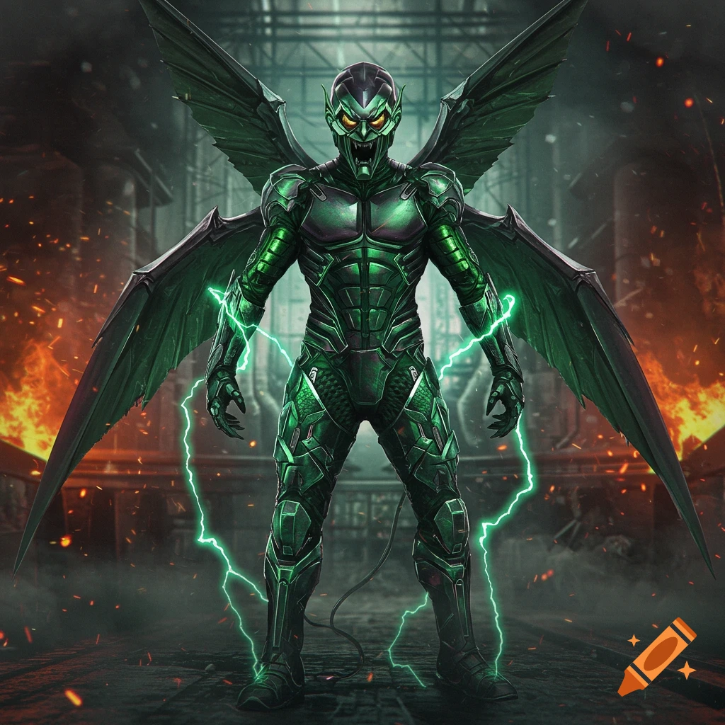 A menacing figure in shiny green armor with large wings and glowing green lightning stands against a fiery, industrial backdrop.