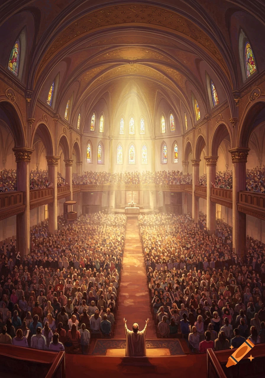 A grand church interior filled with a massive congregation, illuminated by light streaming through stained glass, looking towards a speaker on stage.