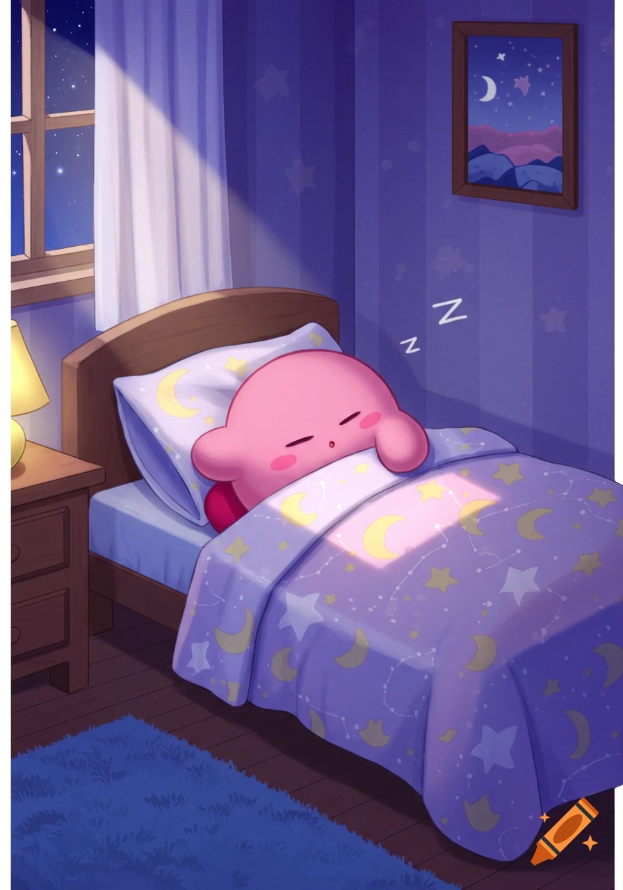 A cute, pink Kirby sleeps soundly in a cozy bed with moon and star patterned bedding in a blue bedroom at night.