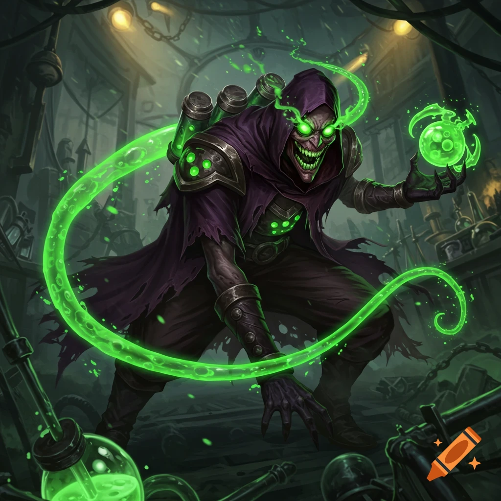 A menacing, hooded figure with glowing green eyes and chemical apparatus holds a bright green orb in a dark, alchemical lab.
