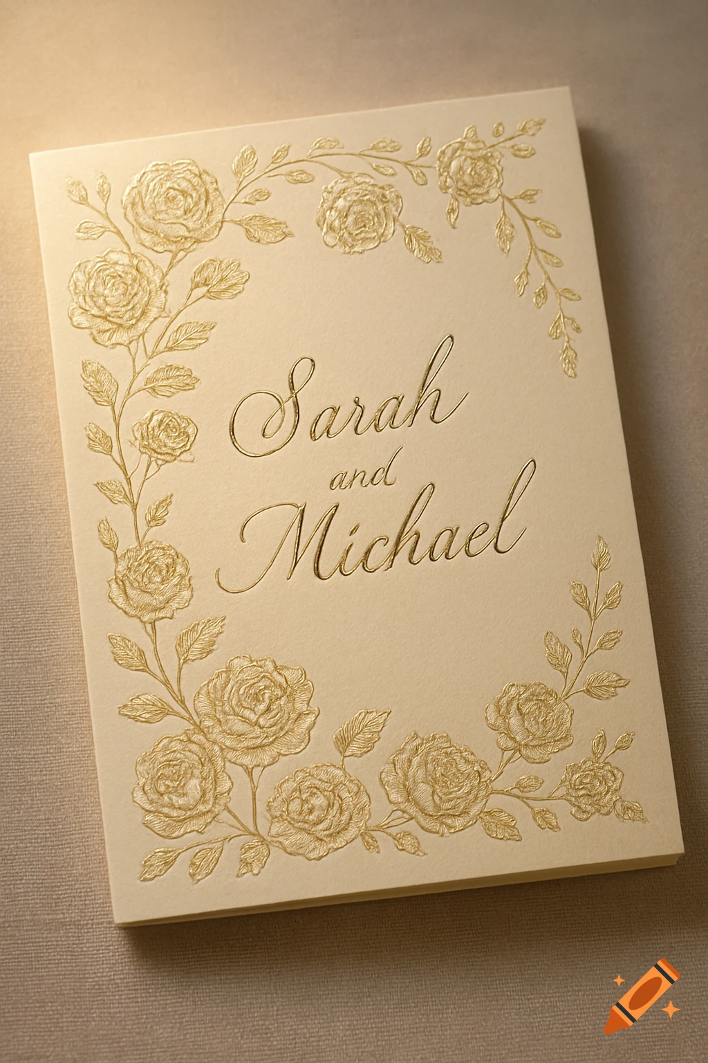 A close-up of a beige wedding card with embossed gold roses forming a border and the names 'Sarah and Michael' in elegant script.