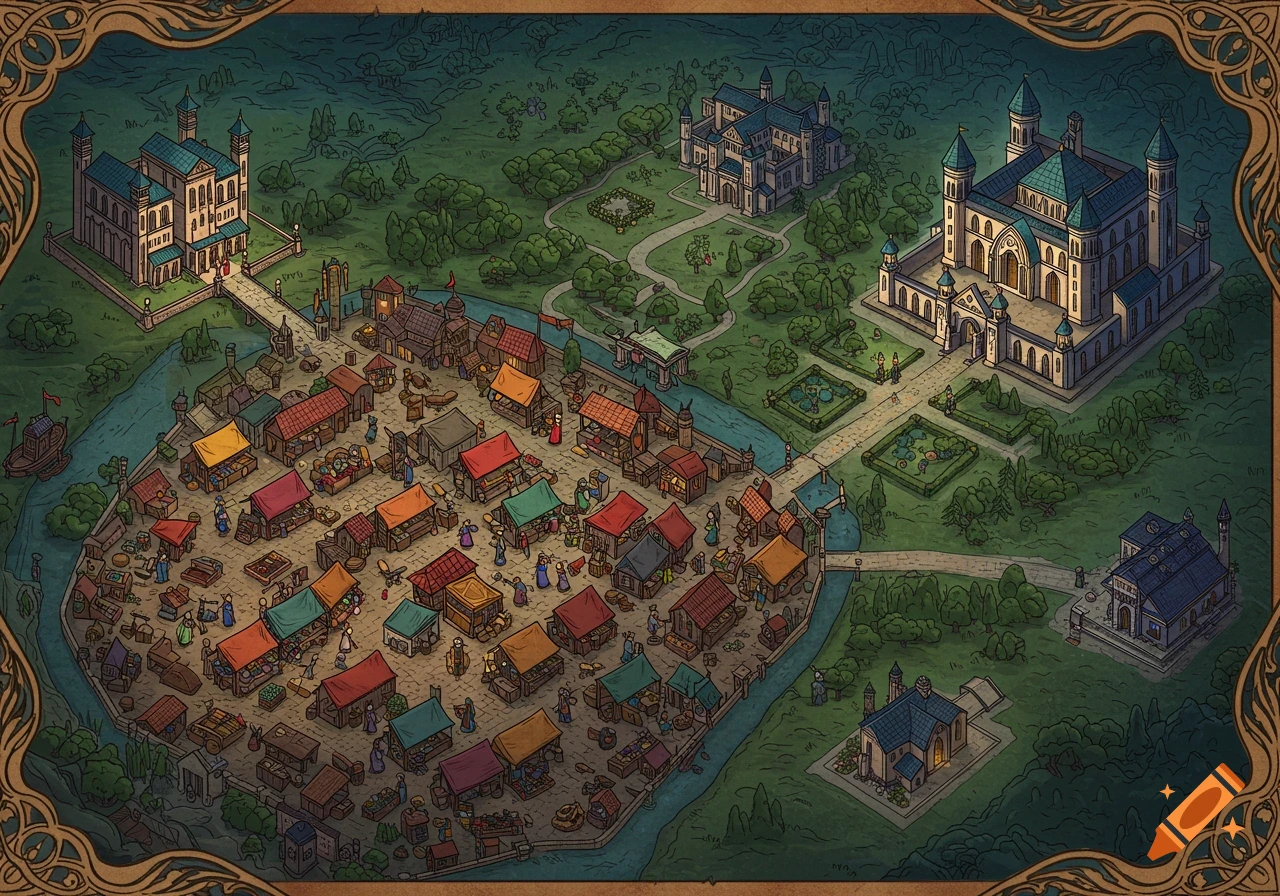Illustrated fantasy map of a city with a bustling market, grand palace, mansion, and river, framed by an ornate border.