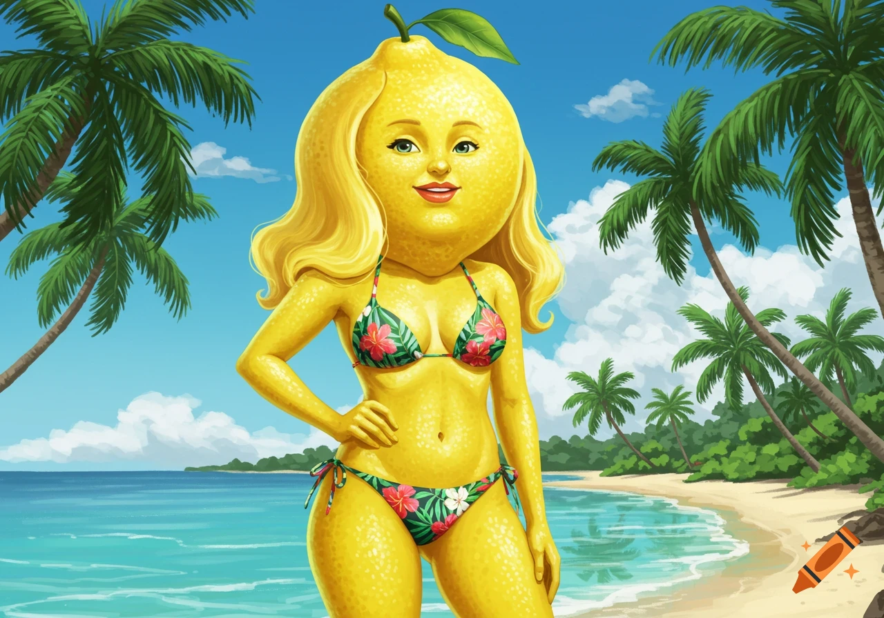 An anthropomorphic lemon woman with blonde hair wearing a tropical floral bikini stands on a sunny beach with palm trees and ocean.