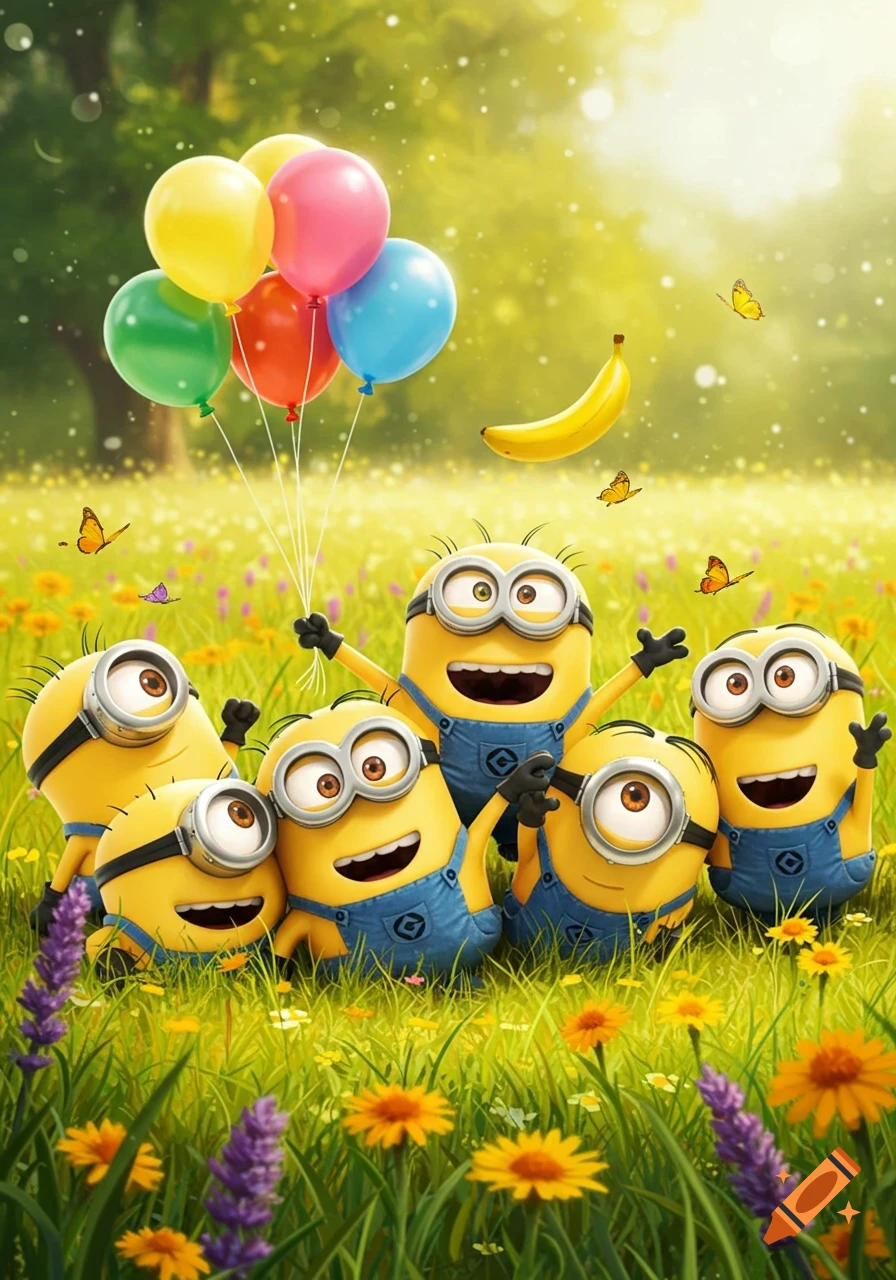 Cartoon Minions characters celebrating in a sunny green field with colorful flowers, balloons, butterflies, and a floating banana.