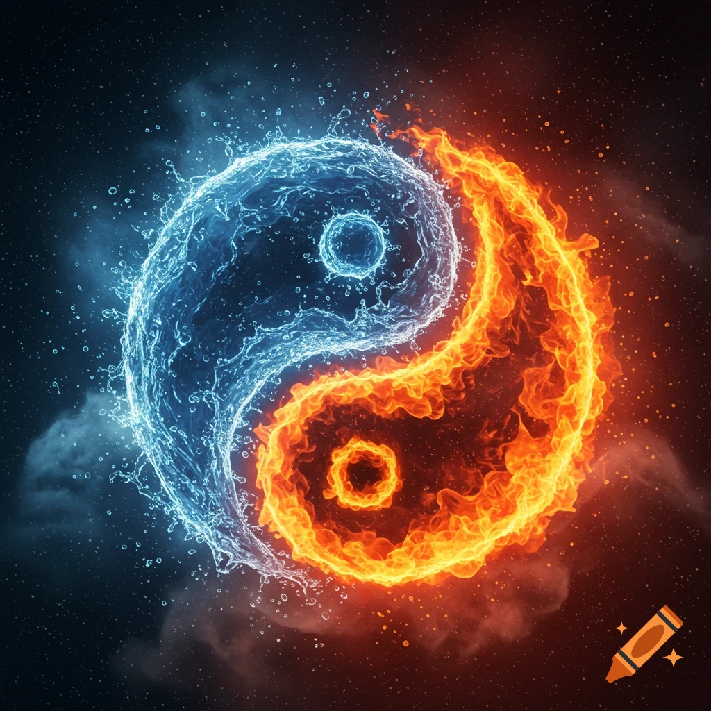 A vibrant yin-yang symbol made of swirling blue water and orange fire against a dark starry cosmic background.