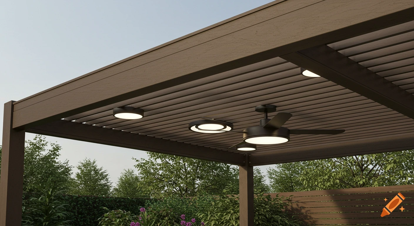 A modern brown aluminum pergola with slatted roof, integrated circular lights, and a ceiling fan, set in a lush green garden.