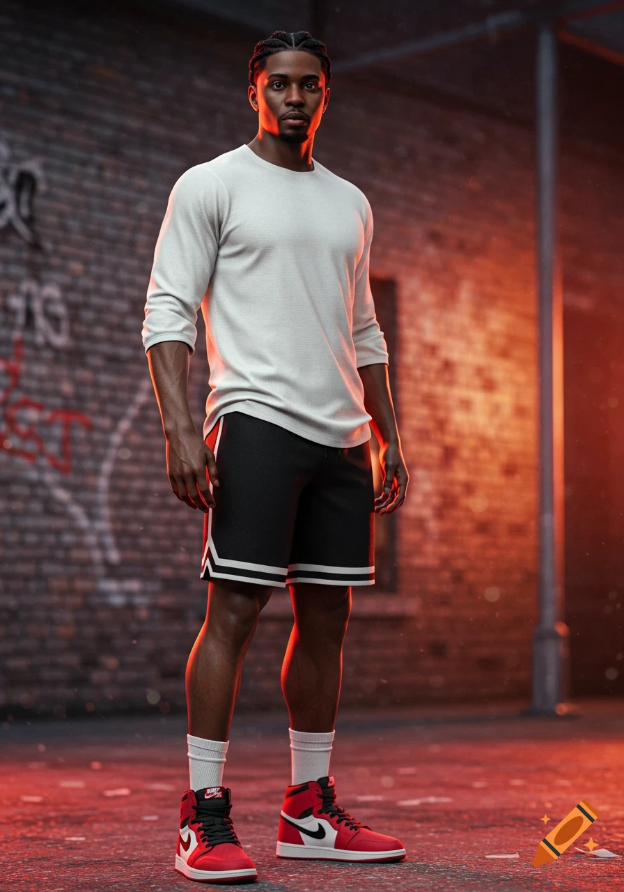 Photorealistic image of a handsome Black man with braids wearing a white long-sleeve shirt, black shorts, white socks, and red Air Jordan 1 sneakers, standing in an alleyway with red lighting.