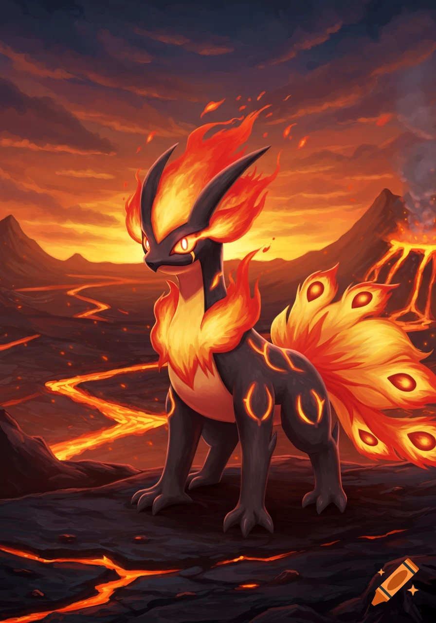 A stylized, dark fox-like fire creature with a fiery mane and tail stands on a volcanic landscape with lava rivers under an orange sky.