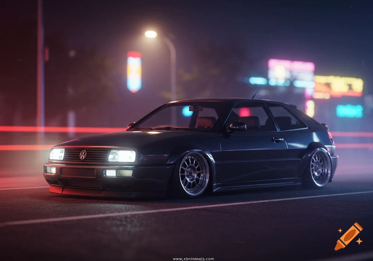 A dark blue Volkswagen Corrado car is slammed low on a street at night, illuminated by streetlights and neon signs in the background.