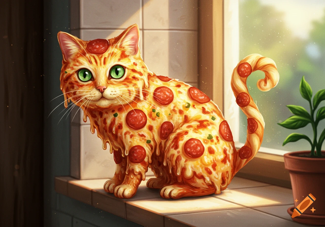 An illustration of a cat whose body resembles a pepperoni pizza, sitting on a windowsill.