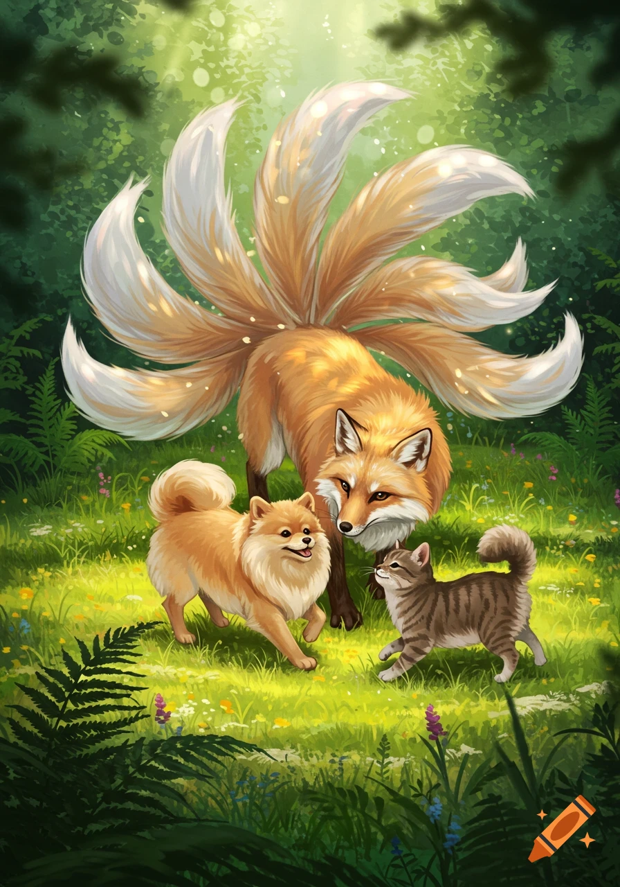 A nine-tailed fox watches a fluffy Pomeranian and a striped cat play in a lush, sunlit forest clearing with wildflowers.