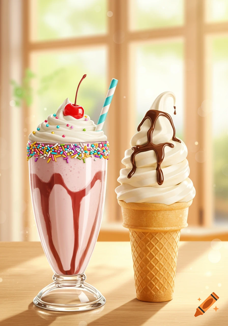 Photorealistic milkshake with sprinkles and a cherry next to a soft-serve ice cream cone with chocolate drizzle on a table.