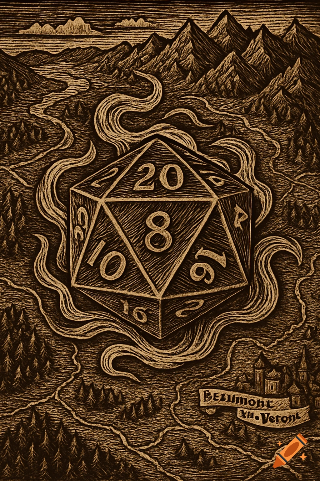 A sepia-toned wood engraving style illustration of a 20-sided dice (d20) over a fantasy map with mountains, rivers, and forests. The dice has numbers on its faces and is surrounded by swirling magic effects. A banner in the bottom right reads "Beaumont en. Veront".