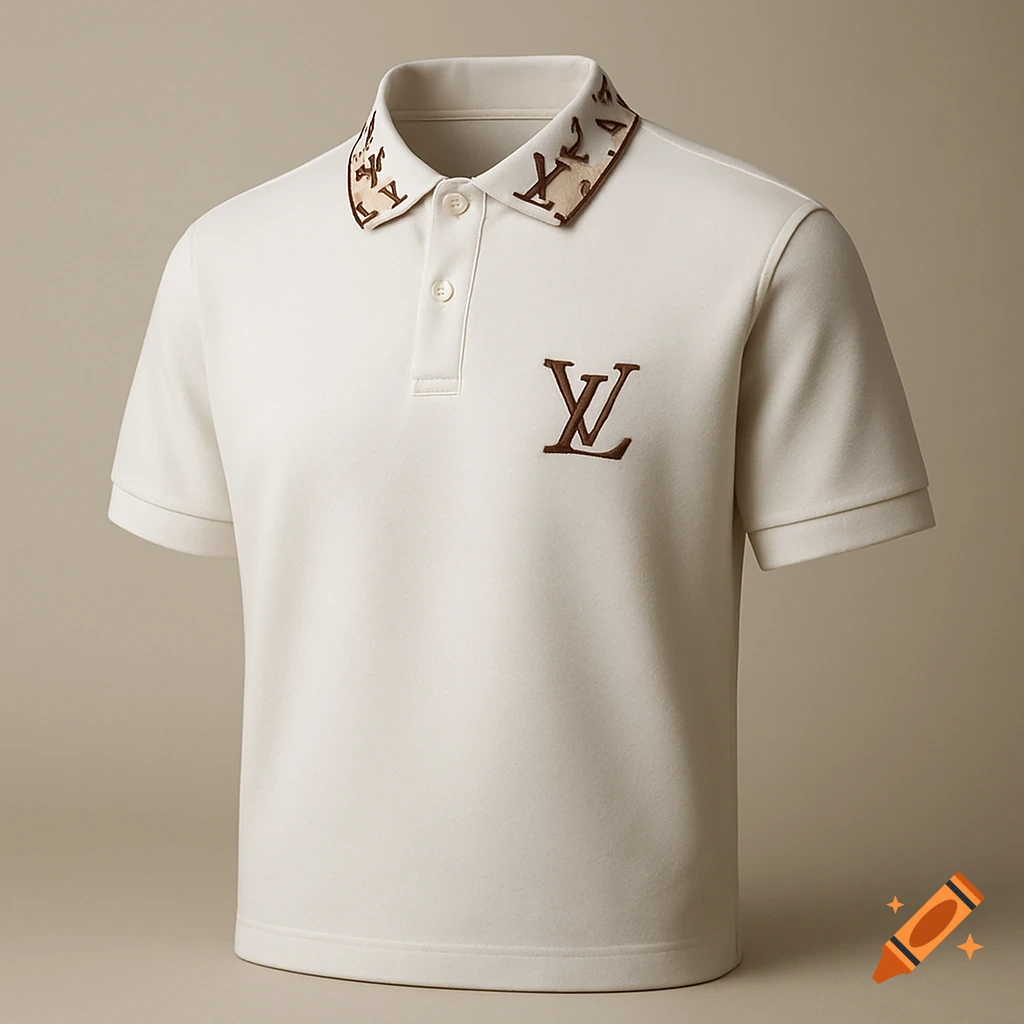 White polo shirt with brown Louis Vuitton LV logo on the chest and repeating stylized LV motifs on the collar.