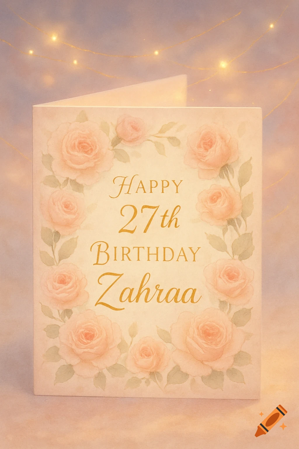 A watercolor birthday card with pink roses around golden text 'HAPPY 27th BIRTHDAY Zahraa' under soft string lights.