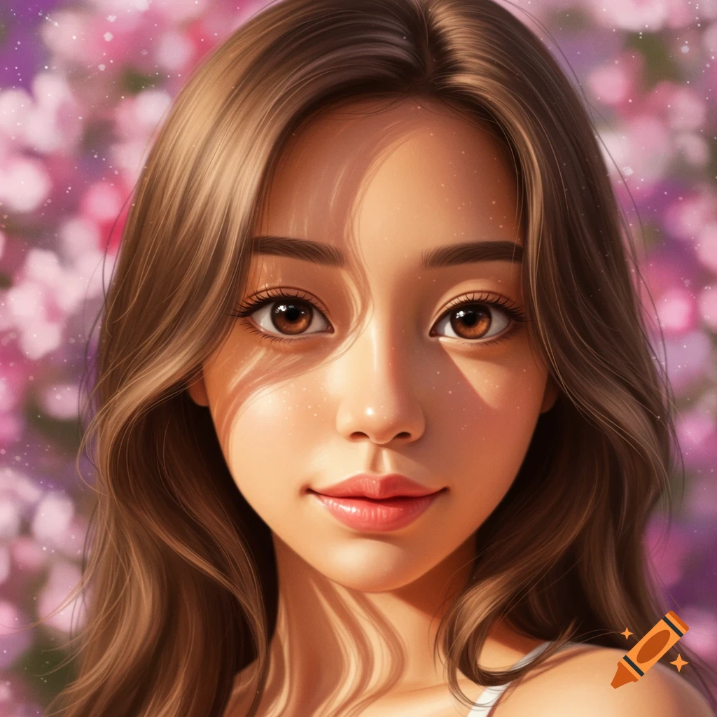 A stylized digital art portrait of a cute lightskin woman with brown eyes and wavy brown hair, looking at the viewer against a pink floral background.