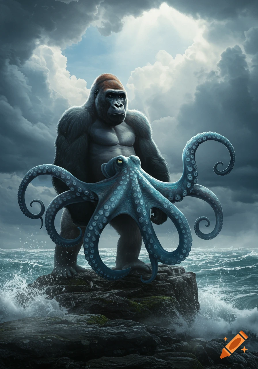 A powerful gorilla-octopus hybrid creature stands on dark rocks in a stormy ocean under a dramatic sky.
