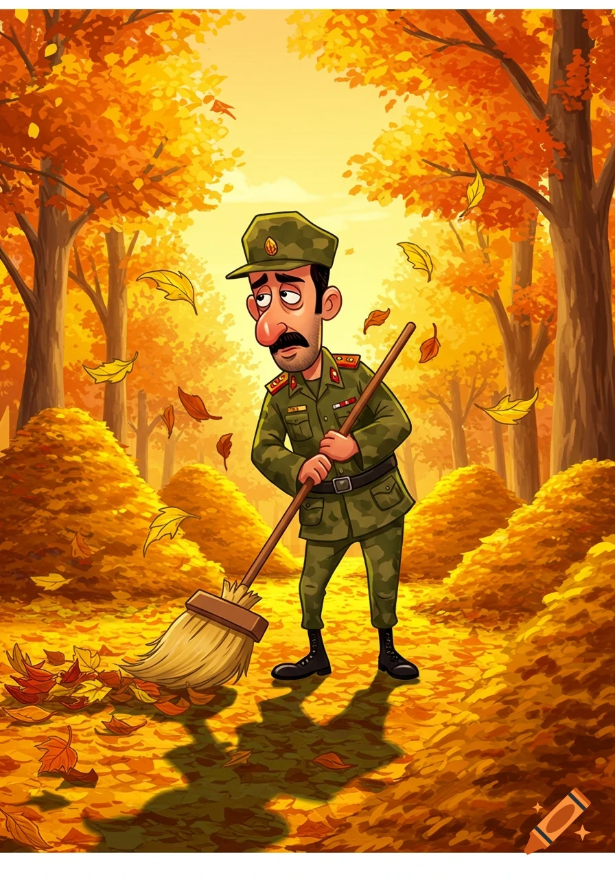 A humorous cartoon of a soldier in a military uniform sweeping a ground covered in yellow and orange autumn leaves amidst many trees.