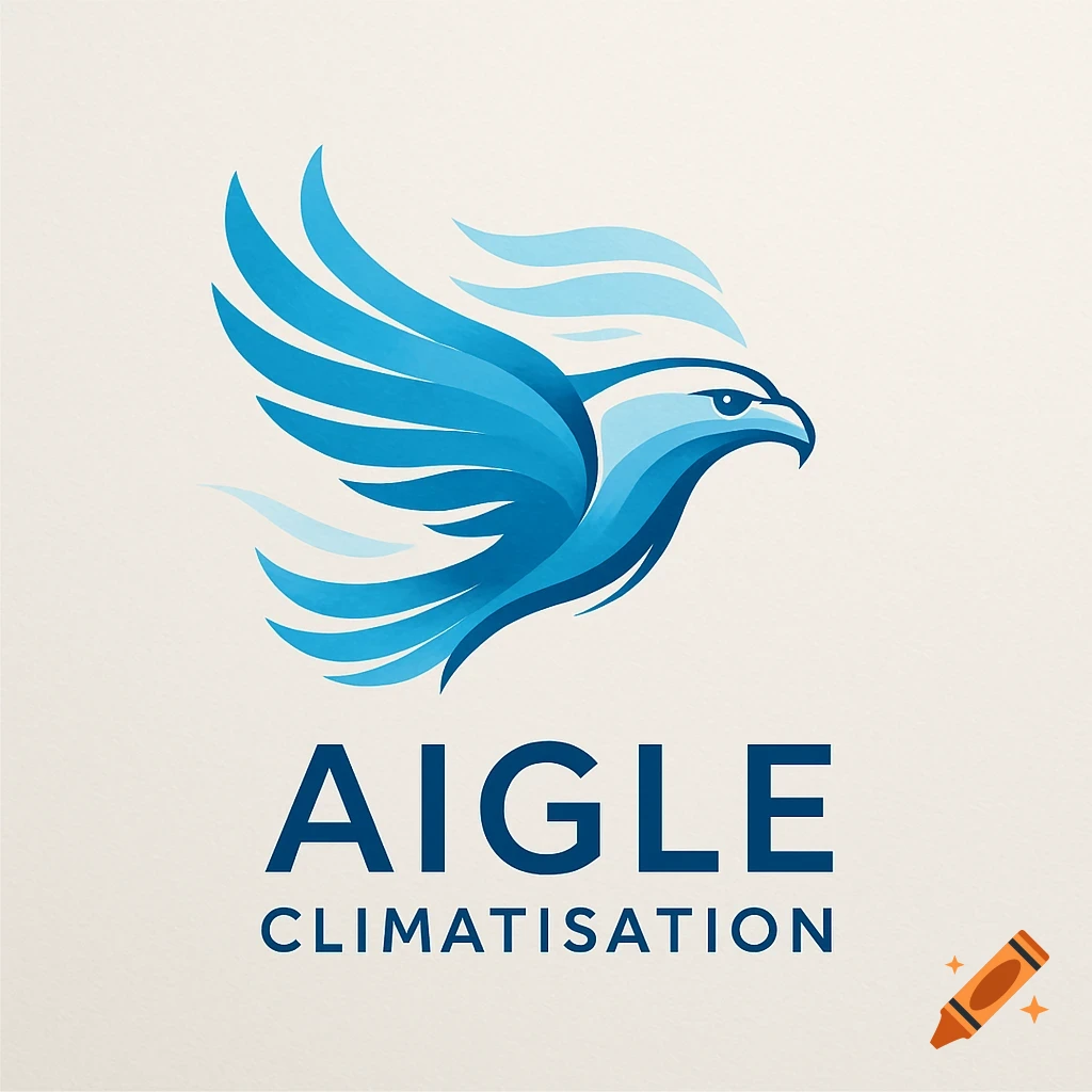 Blue stylized eagle logo with spread wings and text "AIGLE CLIMATISATION" below, on a light cream background.