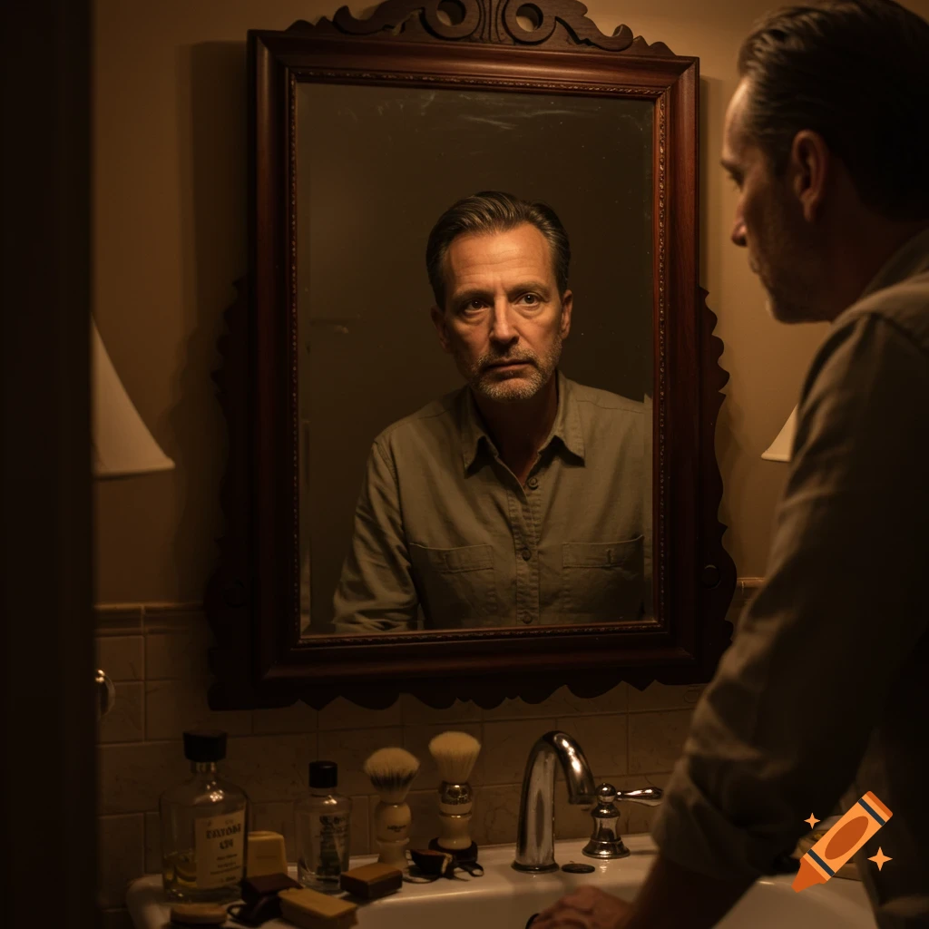 Photorealistic portrait of a man in his 40s looking at his reflection in a bathroom mirror, lit by dim light.