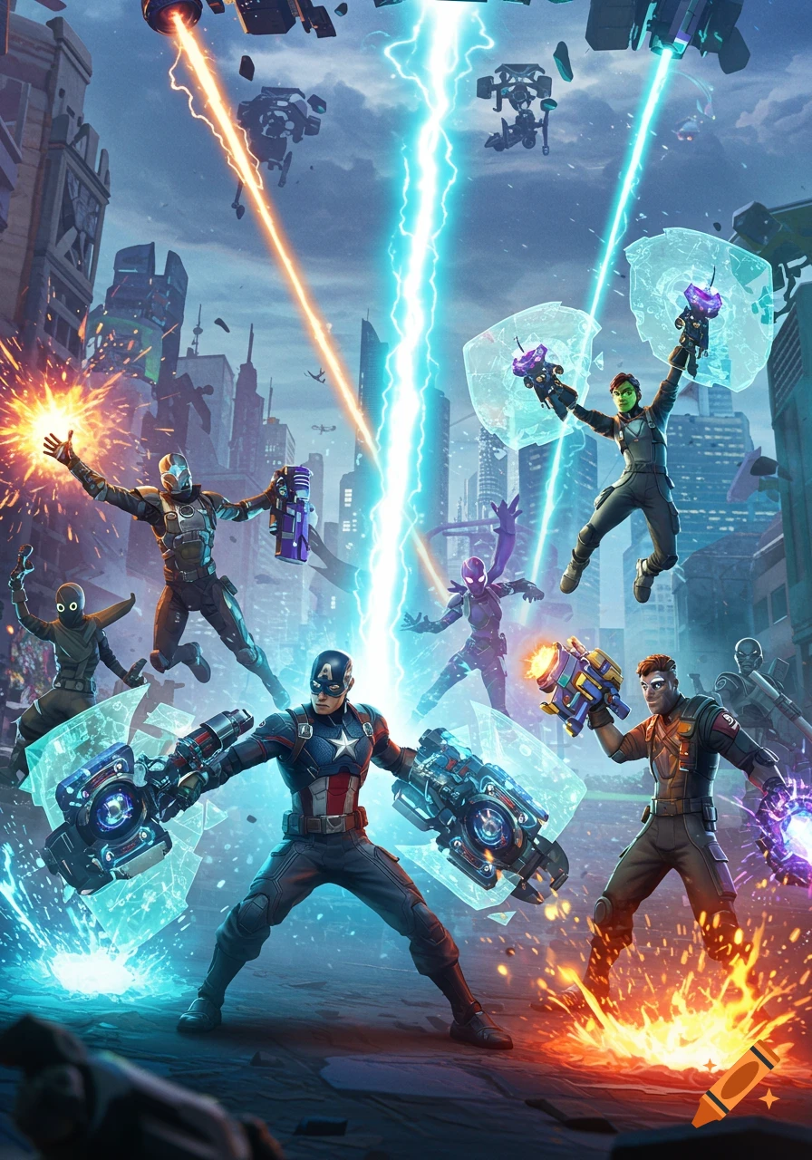Captain America and diverse superheroes battle with energy blasts and sci-fi weapons in a futuristic city, vibrant comic art.