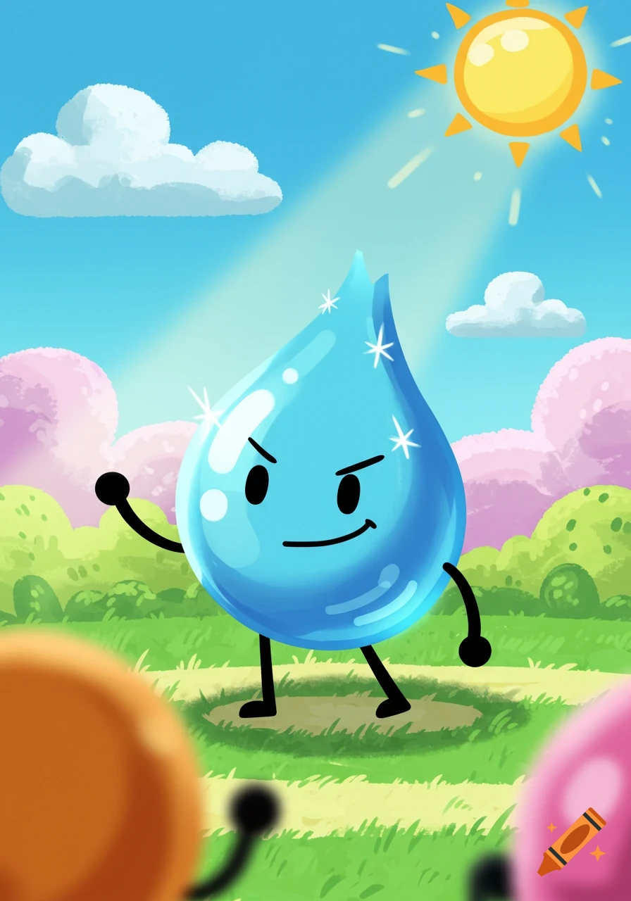 A blue cartoon teardrop character with a mischievous smile stands in a sunny green field under a blue sky.
