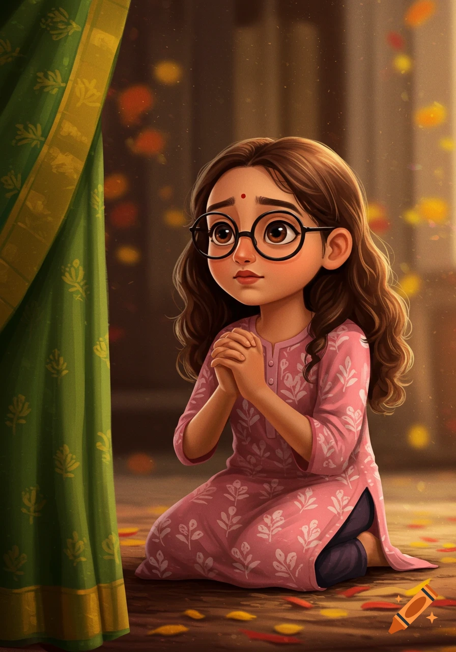 A cute cartoon Indian girl with glasses and long brown hair, wearing a pink kurta, kneels with clasped hands next to a green sari.