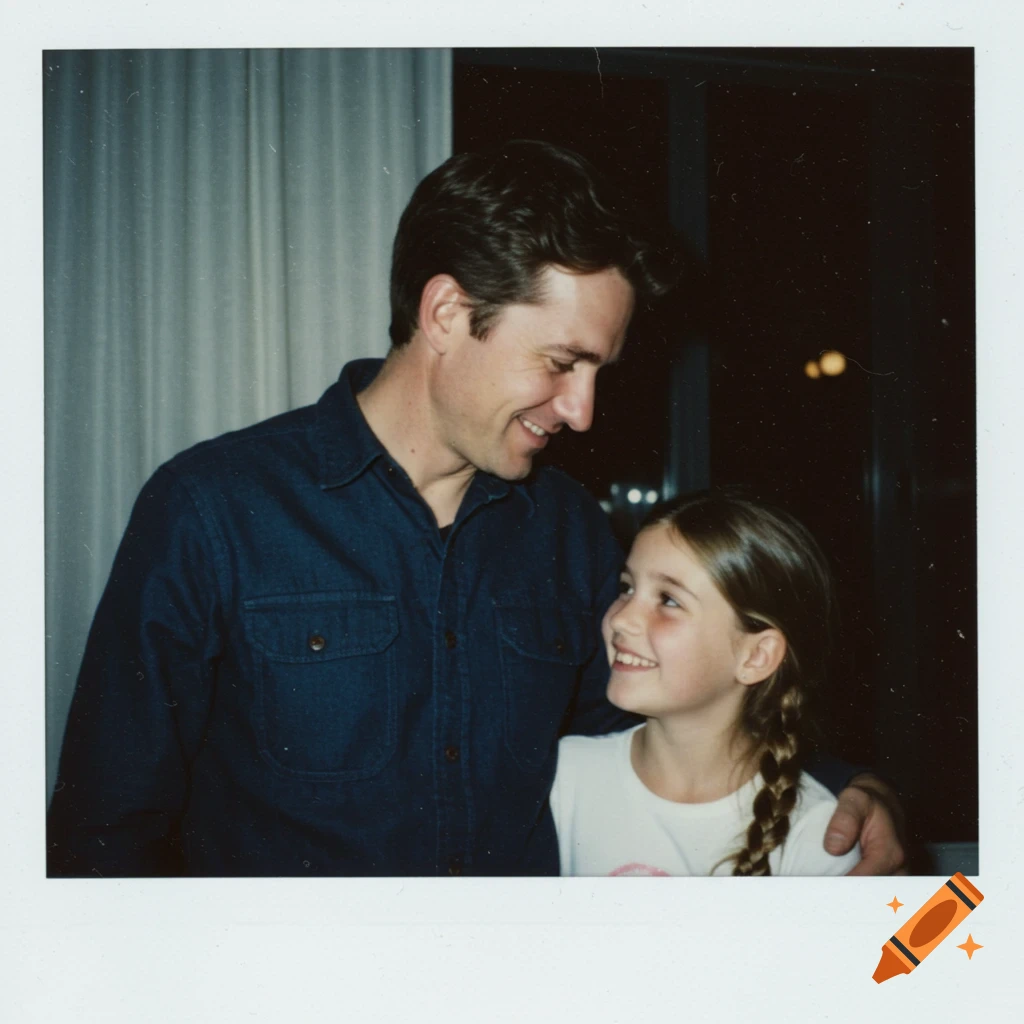 A vintage Polaroid photo of a man and a young girl smiling lovingly at each other, against a dark background with a curtain.