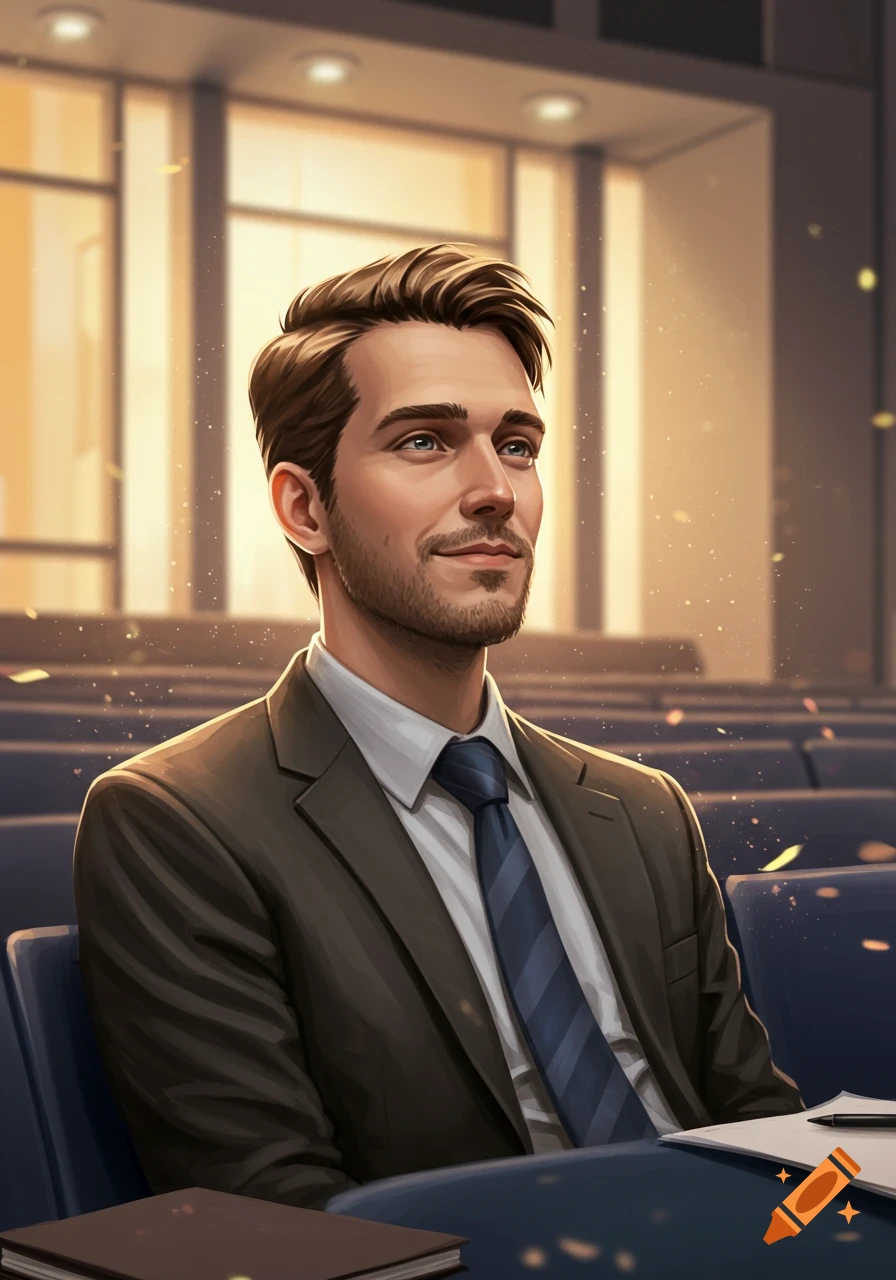 A man in a suit with a beard sits in a conference room, looking up dreamily. Digital illustration.