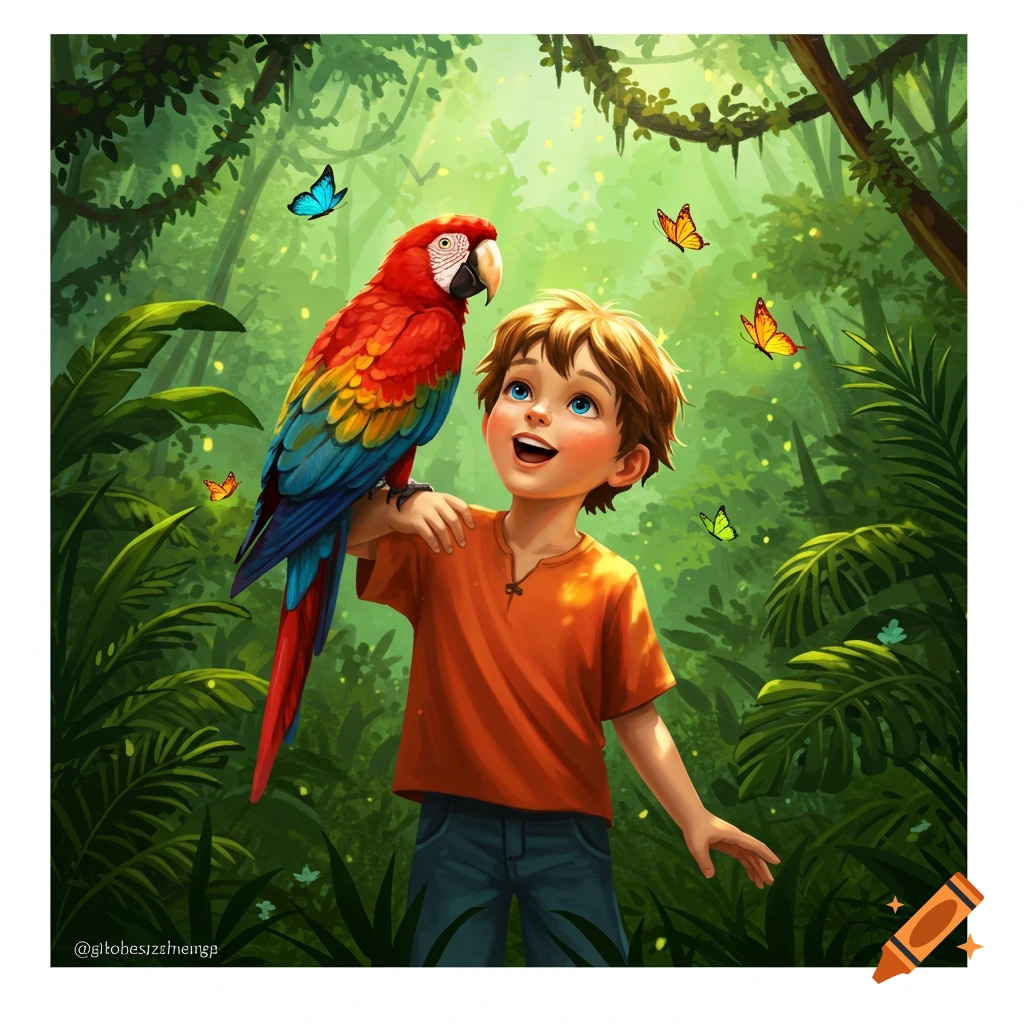 A cartoon young boy looking up, a colorful macaw on his arm, surrounded by butterflies in a lush green jungle.