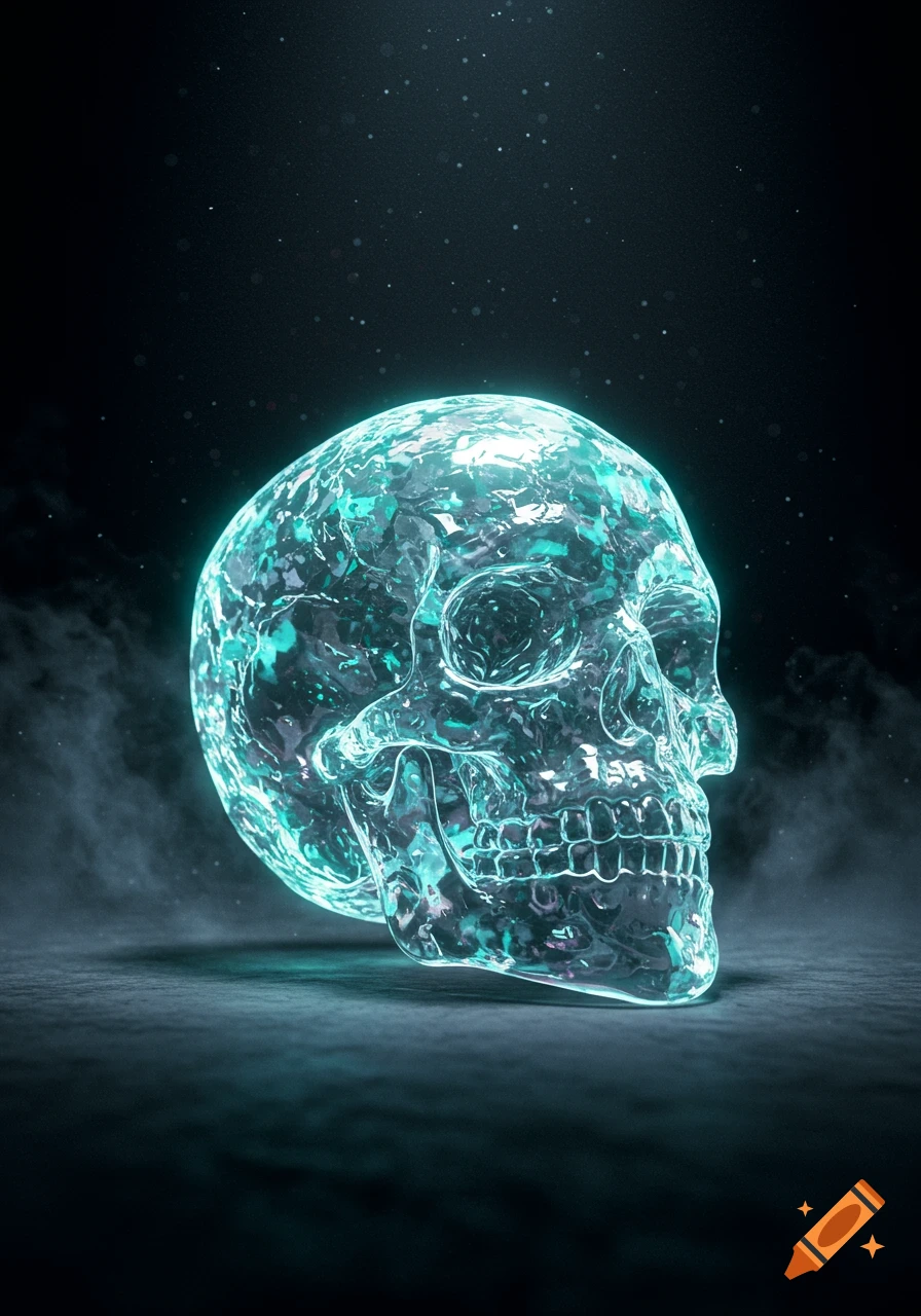 A glowing, crystalline skull with an aqua hue sits on a dark, smoky surface with twinkling lights in the background, digital art.
