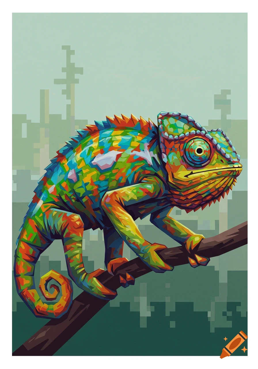 A colorful, cubist chameleon with pixel art elements perches on a branch against a pixelated background.