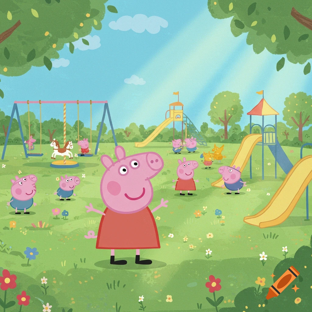Many Peppa Pig characters play in a colorful park with slides, swings, and flowers under a bright blue sky, in a cartoon style.