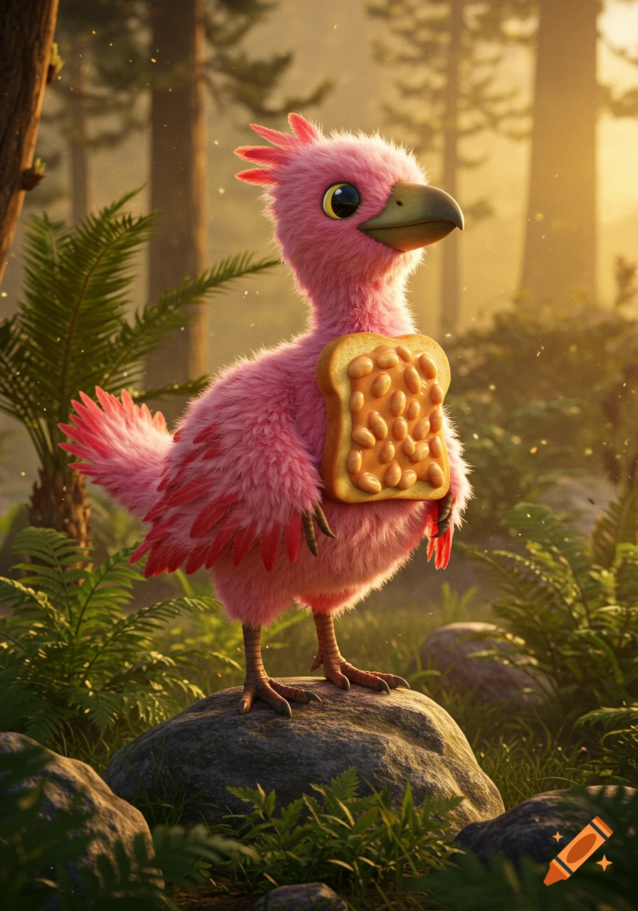 A cute pink archaeopteryx-like bird stands on a rock in a forest, holding a slice of toast with baked beans on its chest.