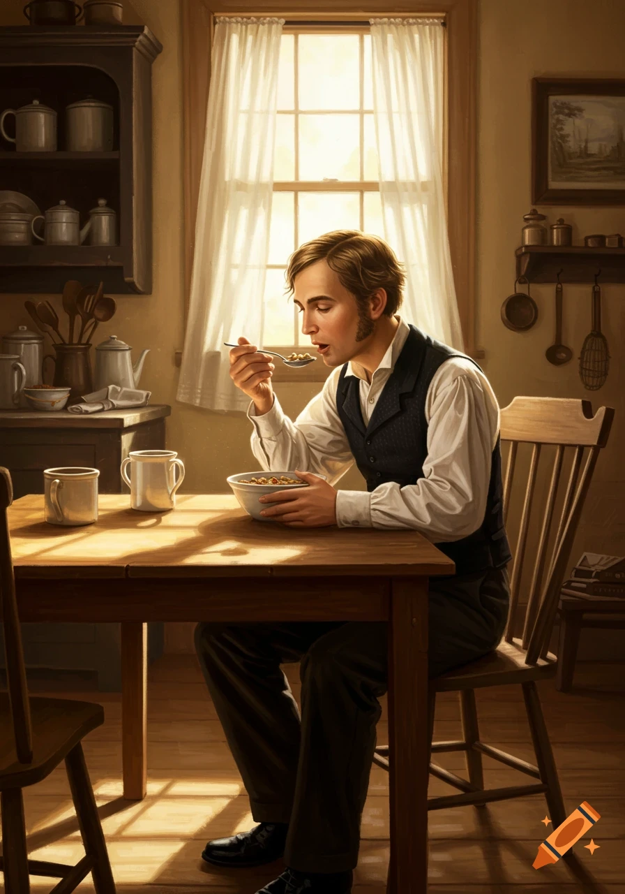 A man in period attire eats cereal at a wooden table in a sunlit rustic kitchen.