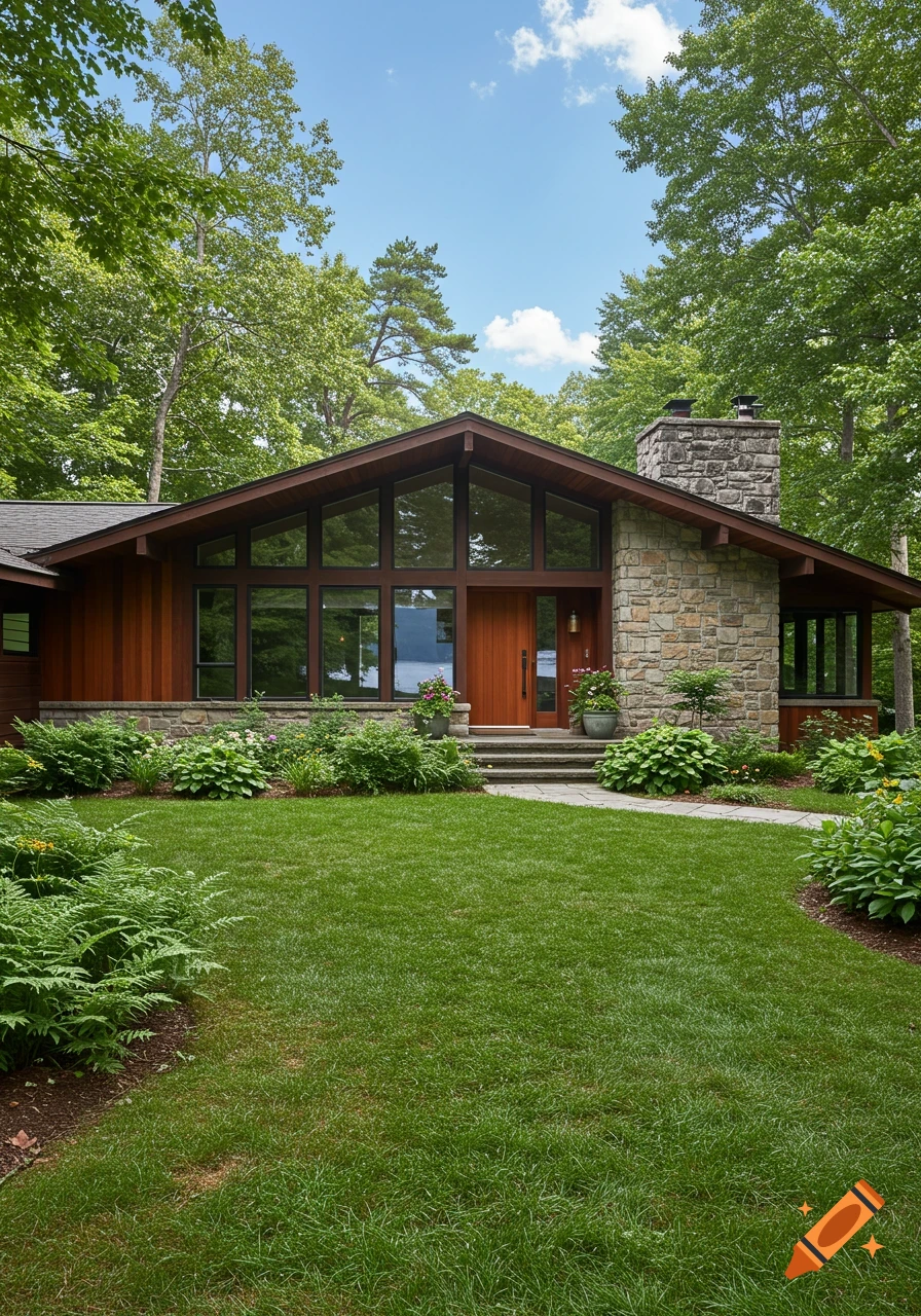 Photorealistic mid-century modern lake house with wood and stone siding, large windows, manicured lawn, and lush greenery.