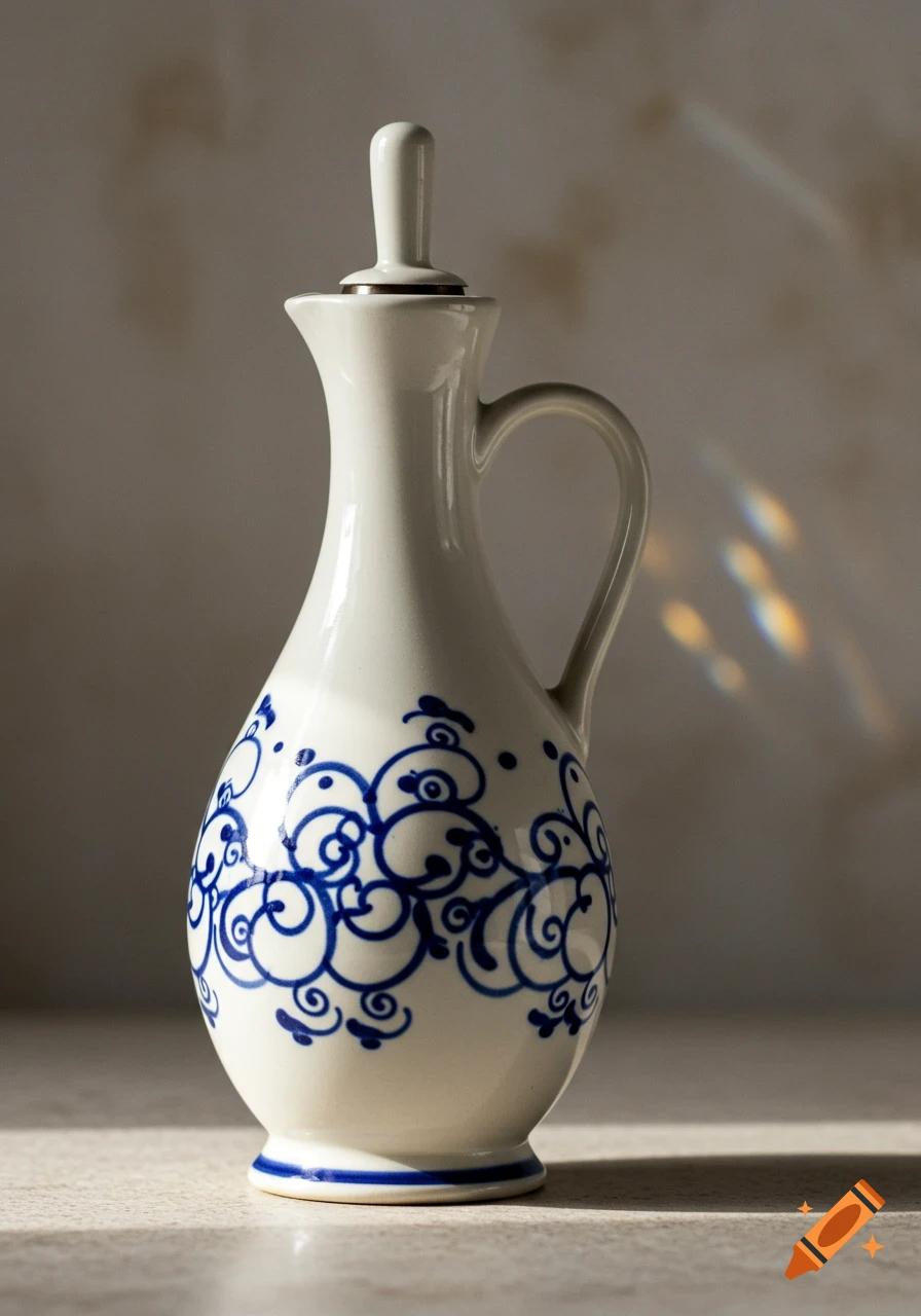 White ceramic oil cruet with blue scrollwork design, handle, and stopper, illuminated by natural light.