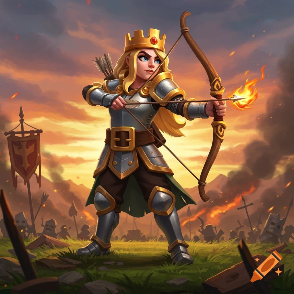 A blonde princess warrior in armor aims a flaming arrow on a battle-scarred field at sunset in a vibrant cartoon style.