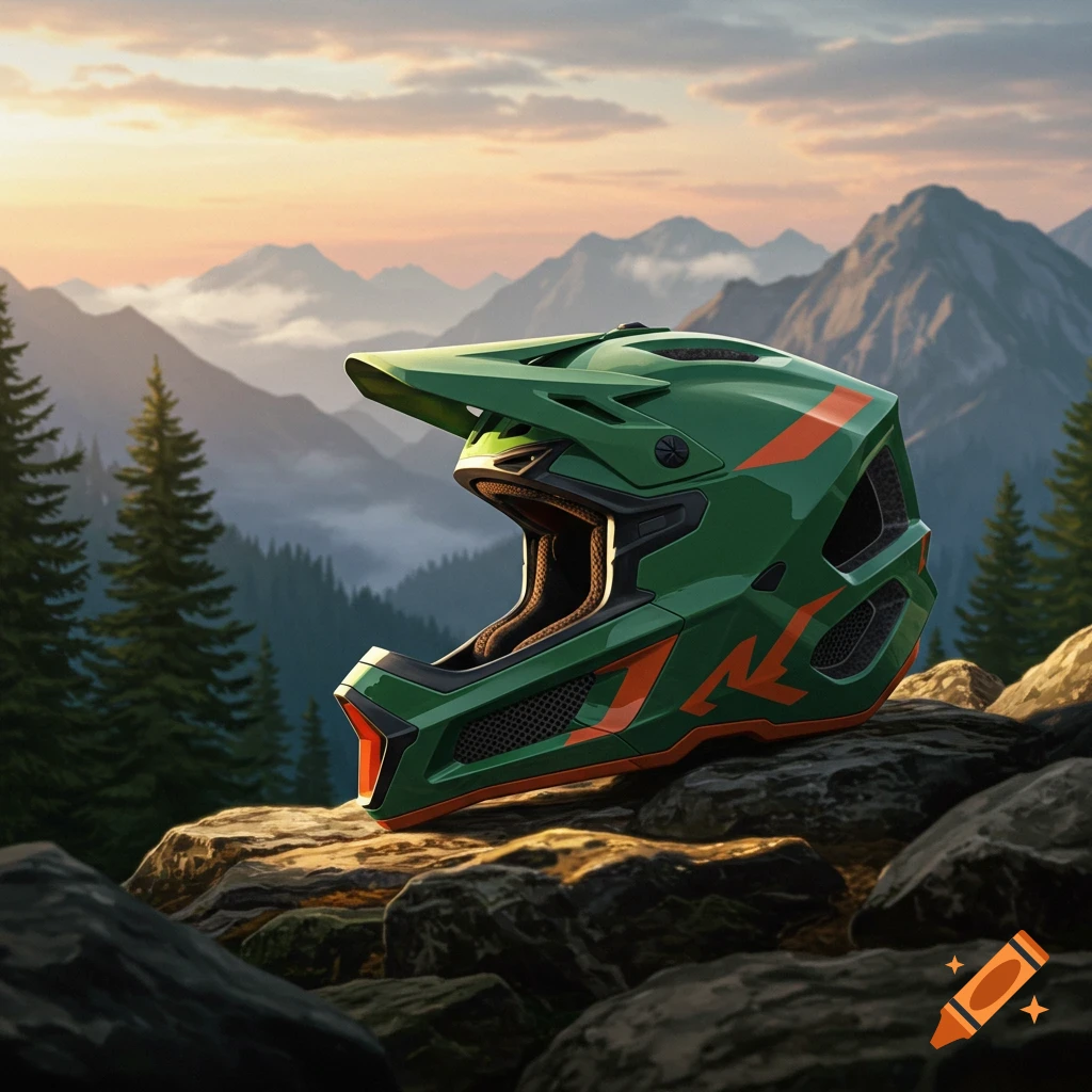 A green and orange mountain bike helmet sits on rocks in a mountain landscape at sunset.