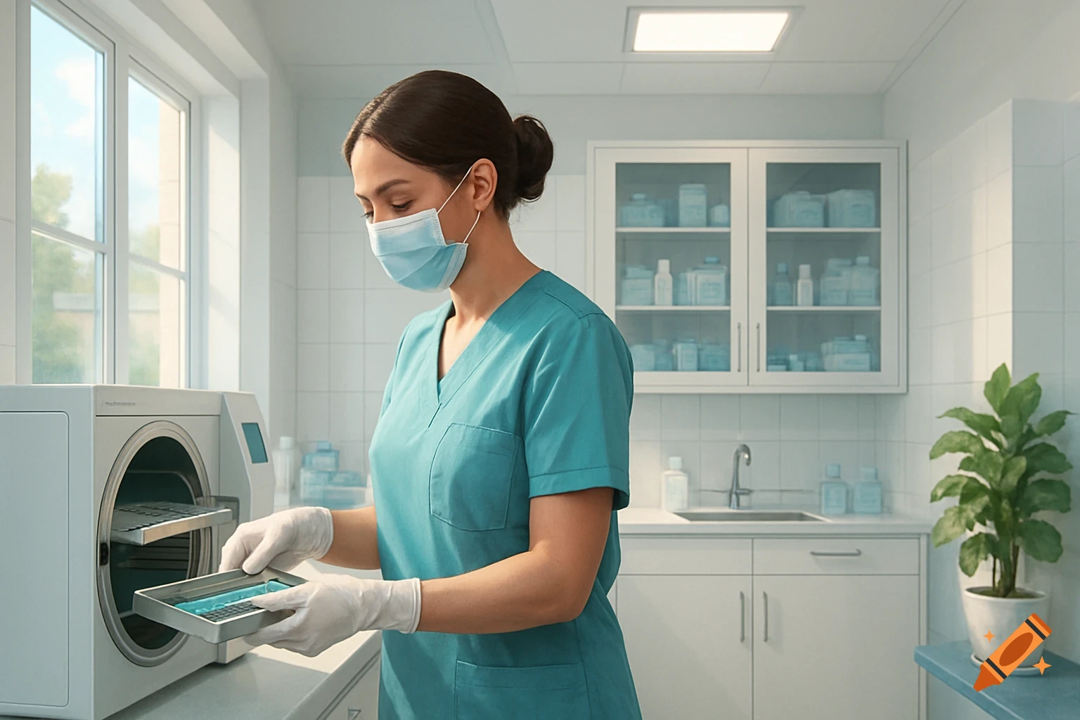 A masked healthcare worker in blue scrubs loads a tray of instruments into a sterilizer in a clean, brightly lit medical lab.