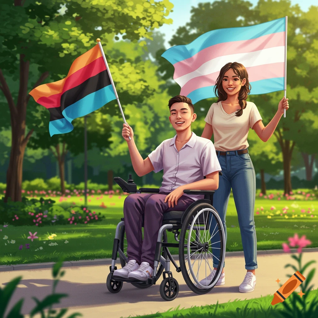 An illustration of a nonbinary person in a wheelchair holding a nonbinary flag, next to their transgender friend holding a transgender flag in a park.