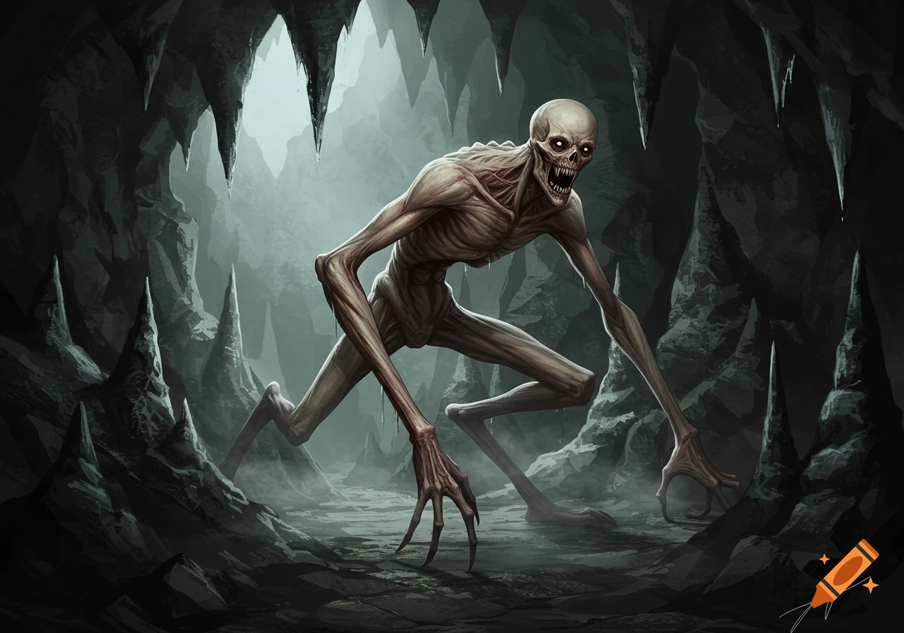 A gaunt, skeletal creature with glowing eyes and sharp teeth in a dark, misty cave.