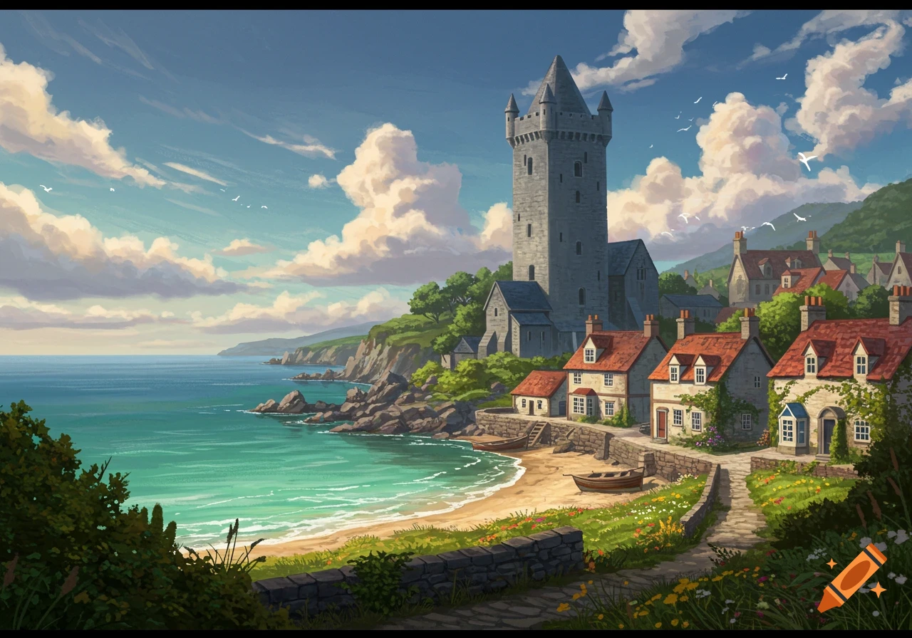 Illustrated coastal village with a tall stone tower, houses, boats on a sandy beach, and a turquoise sea under a cloudy sky.