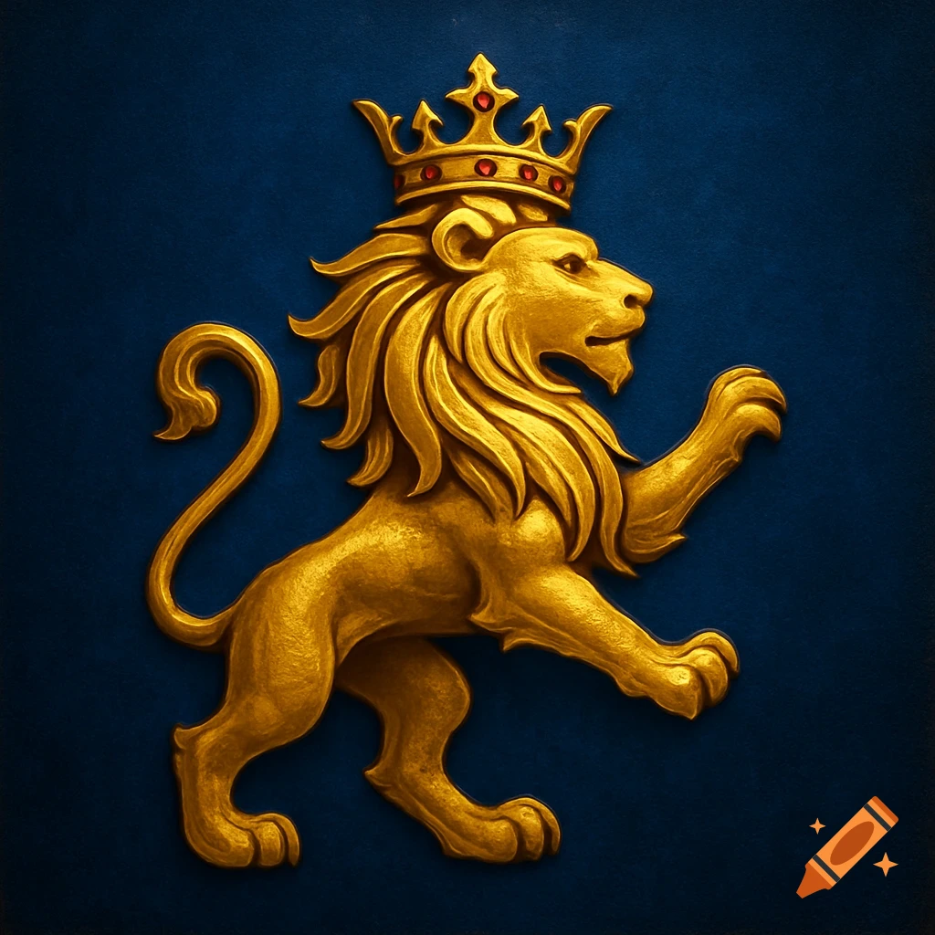 A regal golden lion crest wearing a crown on a dark blue background.