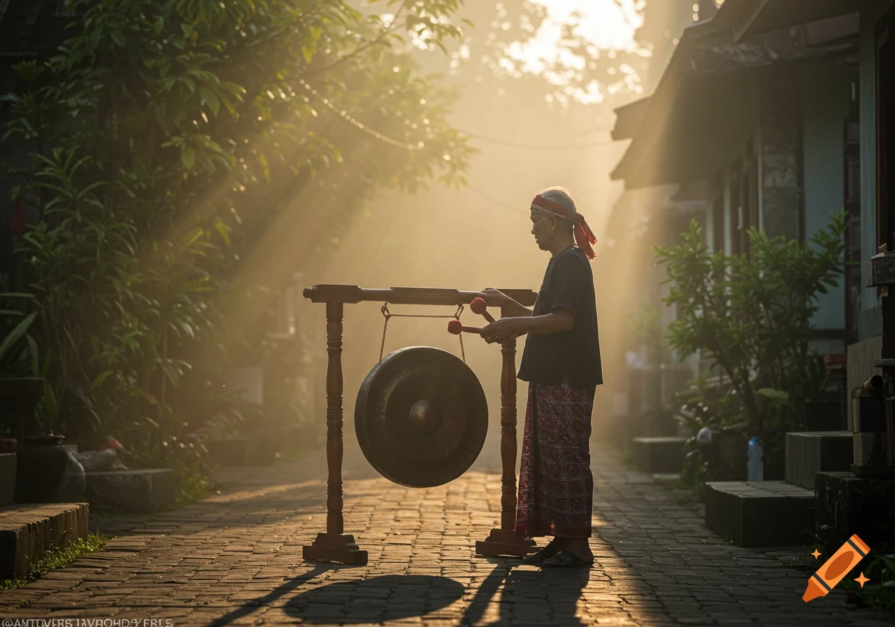 An elderly person in traditional attire plays a large gong on a cobbled path, bathed in early morning mist and sunbeams.