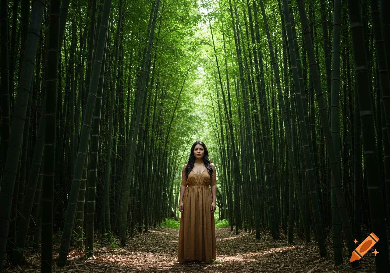 A woman with long dark hair in a brown dress stands in the middle of a dense bamboo forest with light filtering through.